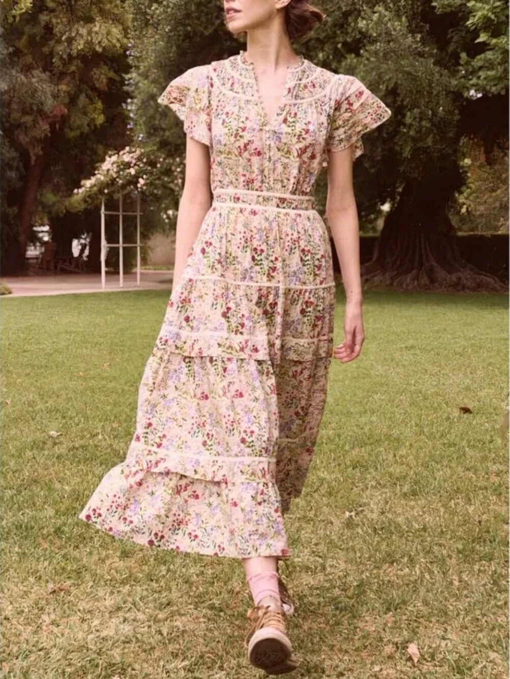 THE GREAT. Midi Floral Smocked The Storyteller Tiered Dress Size 1/S